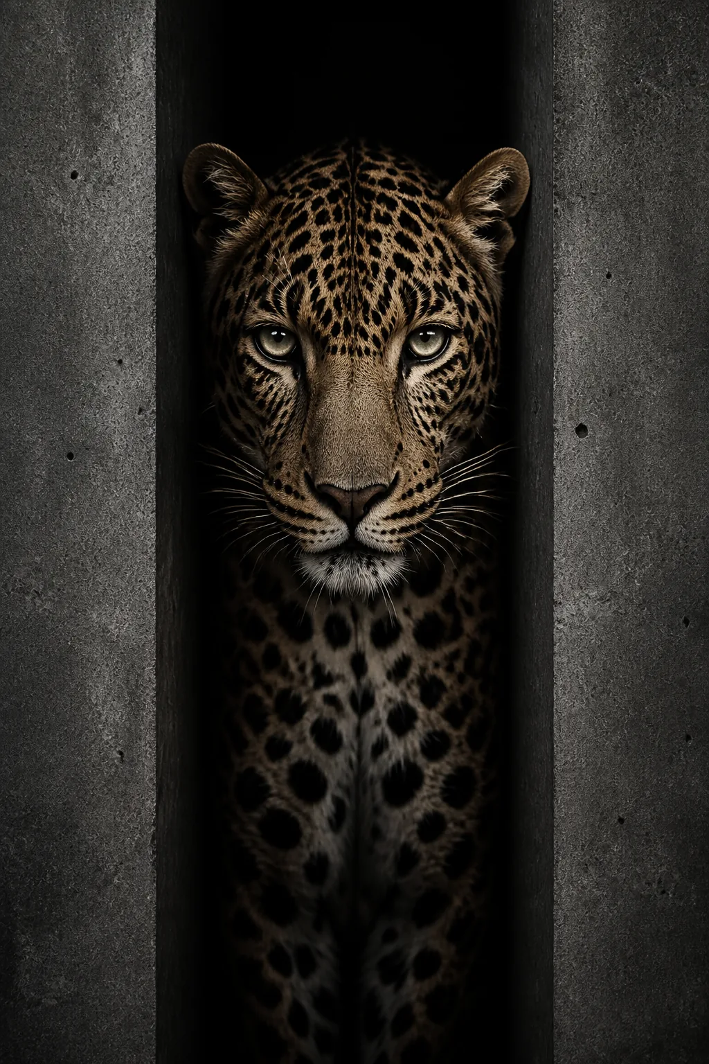 Calm leopard portrait framed by concrete